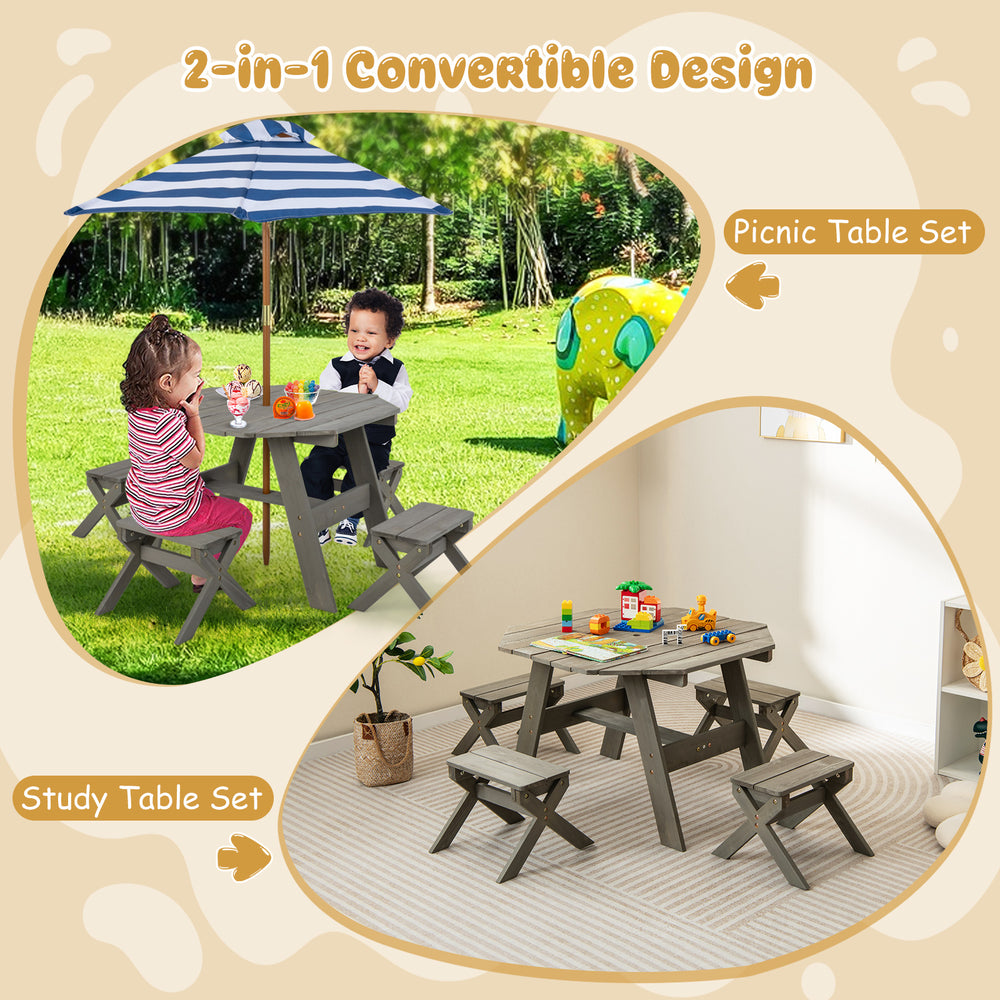 Kids wooden table set in gray with removable umbrella, ideal for outdoor picnics or indoor study for children aged 3+.