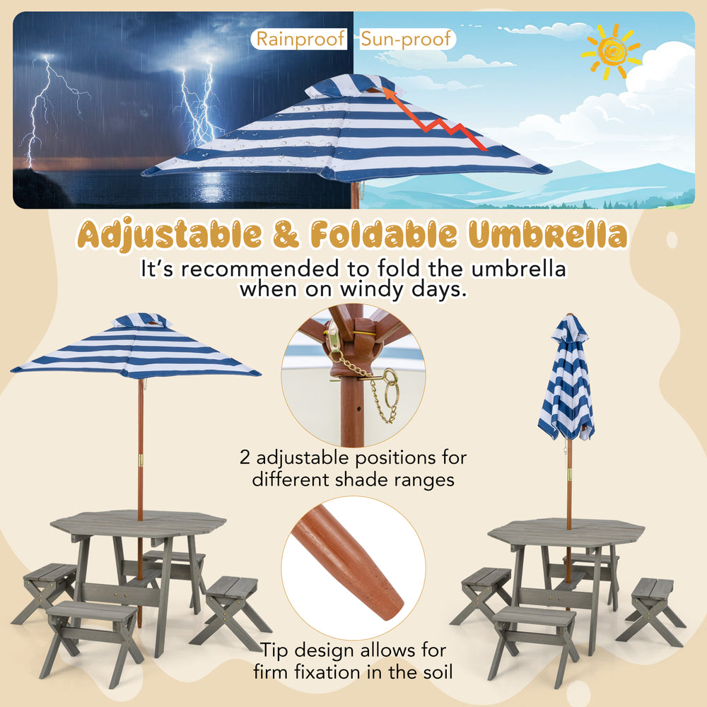 Kids wooden table set with gray finish, removable sun-proof umbrella, and four stools for outdoor play and dining.
