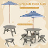 Kids wooden picnic table set in gray with removable striped umbrella, includes 4 stools for outdoor play and dining.