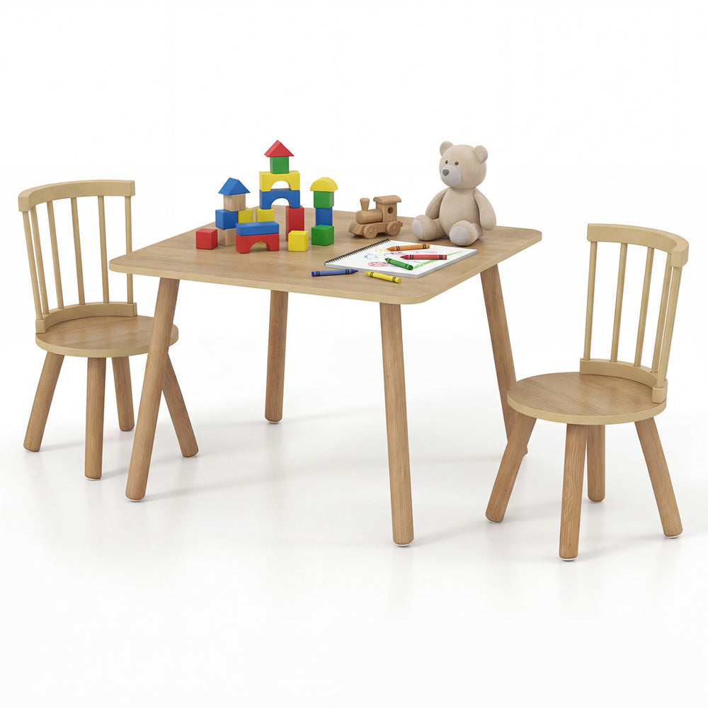Kids wooden table and chairs set with pine wood frame, ideal for toddlers to play, learn, and draw in safety.