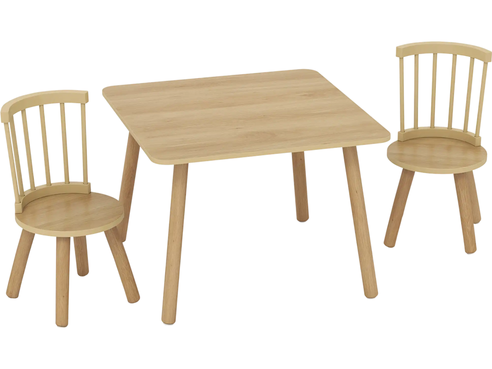 Kids wooden table and chairs set with solid pine wood frame, ideal for toddlers' learning and play in natural finish.