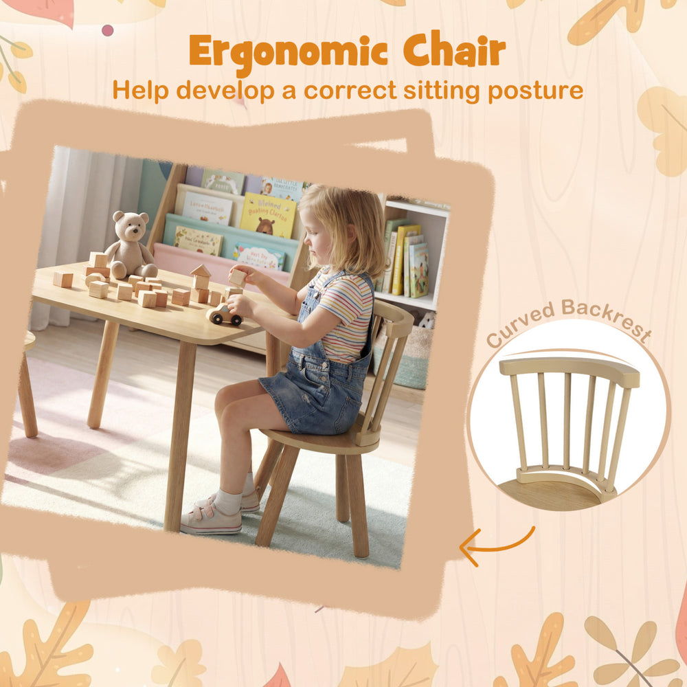 Kids wooden chair with curved backrest, made of durable pine wood, promotes good posture for toddlers during playtime.