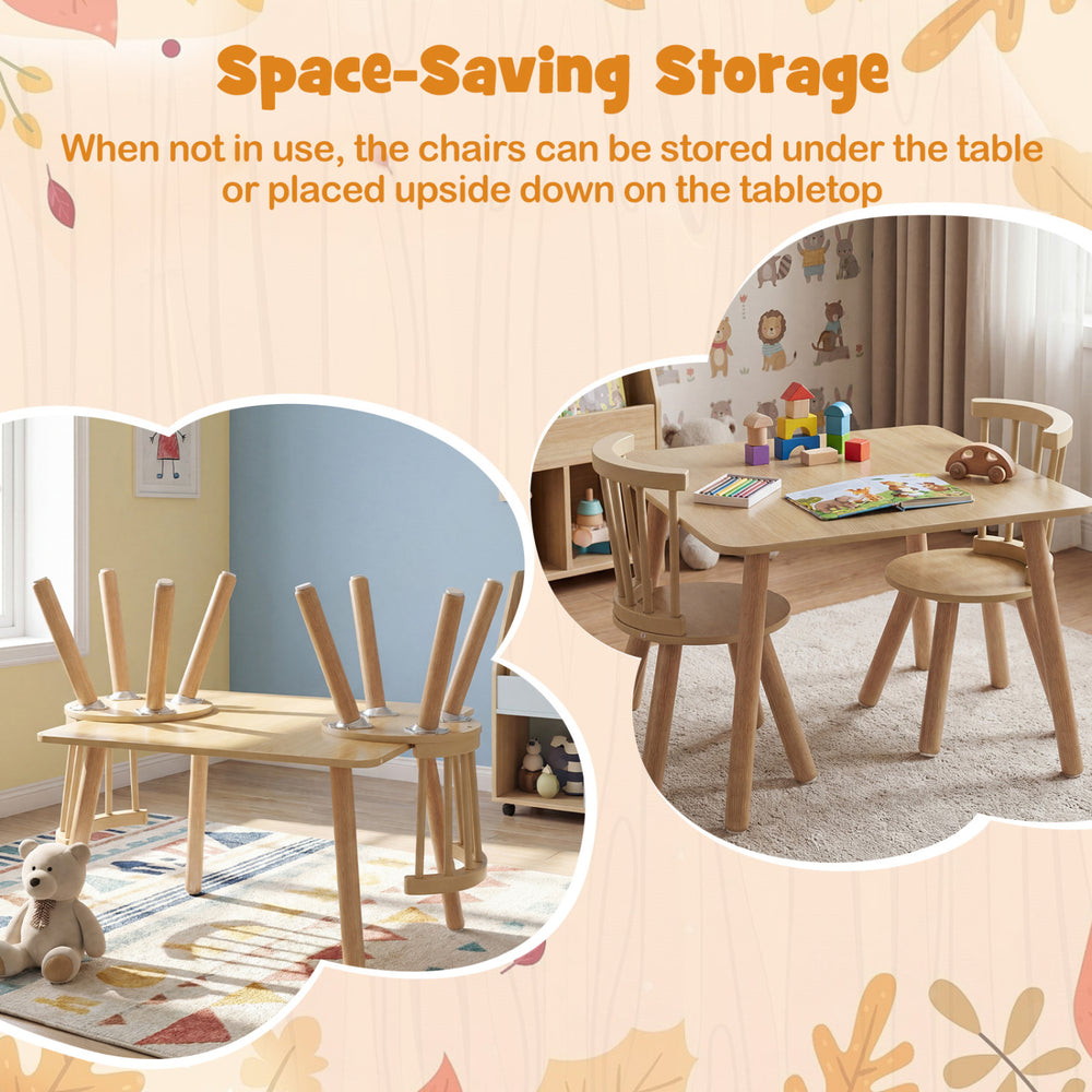 Kids wooden table and chairs set with natural pine wood frame, ideal for play and learning, featuring space-saving.
