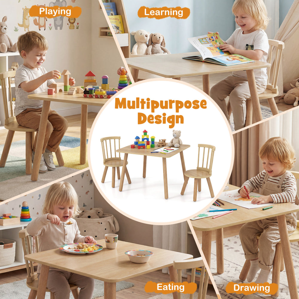 Kids wooden table and chairs set with natural pine wood frame, ideal for learning, playing, eating, and drawing.