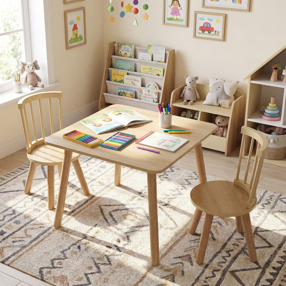 Kids wooden table and chairs set with natural pine wood frame, perfect for learning and playing in toddler spaces.