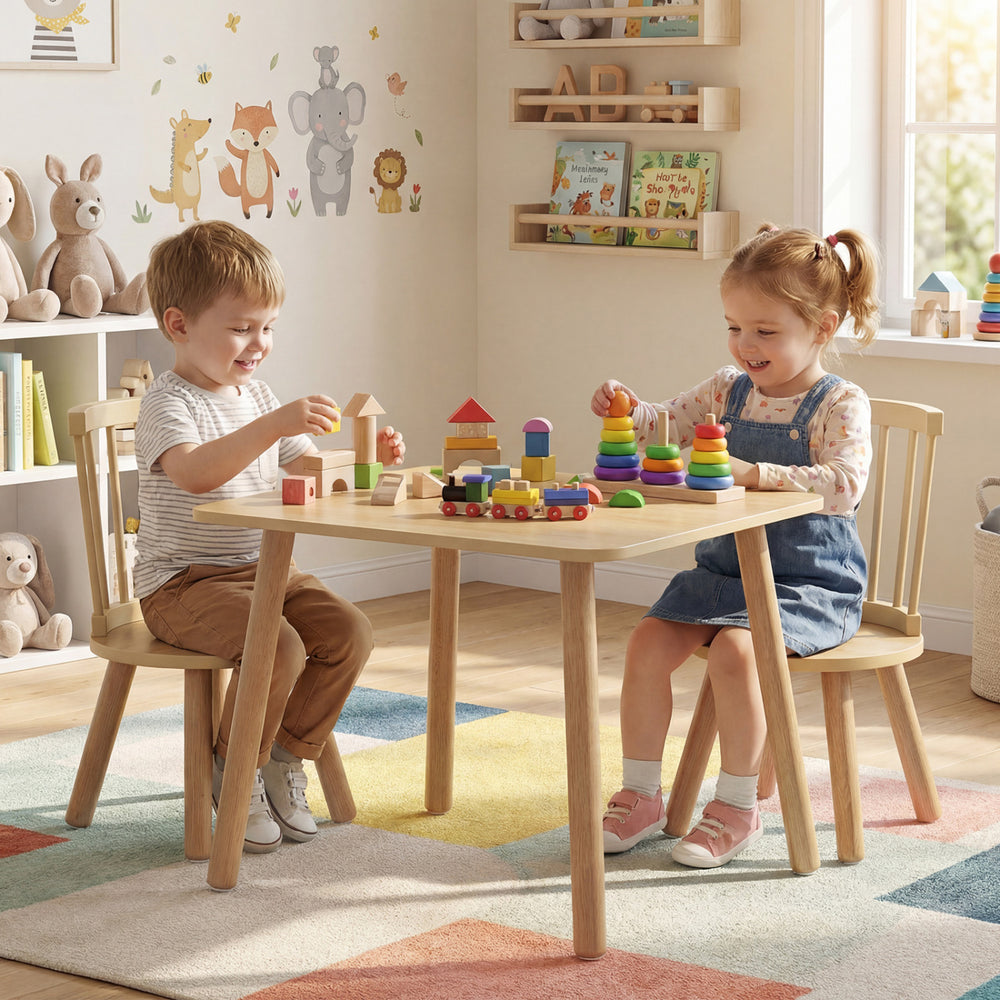 Kids Wooden Table and Chairs Set 3-Piece Toddler Furniture with Pine Wood Frame-Natural - Gallery View 1 of 10