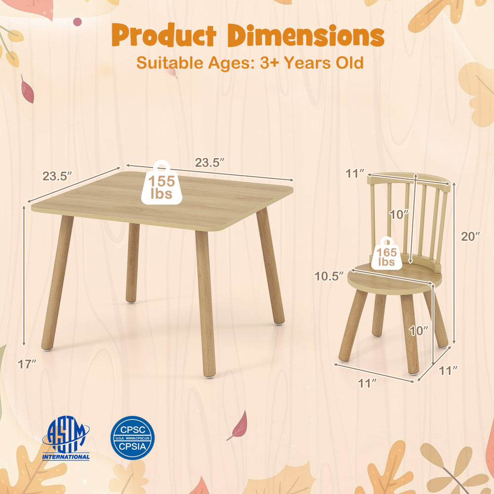 Kids wooden table and chairs set with pine wood frame, ideal for toddlers, featuring rounded edges for safety.
