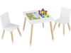 Kids wooden table set with two chairs in white, featuring a smooth surface and safe rounded corners for toddlers’ activities.