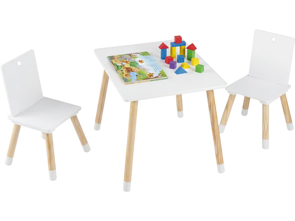 Kids wooden table set with two chairs in white, featuring a smooth surface and safe rounded corners for toddlers’ activities.
