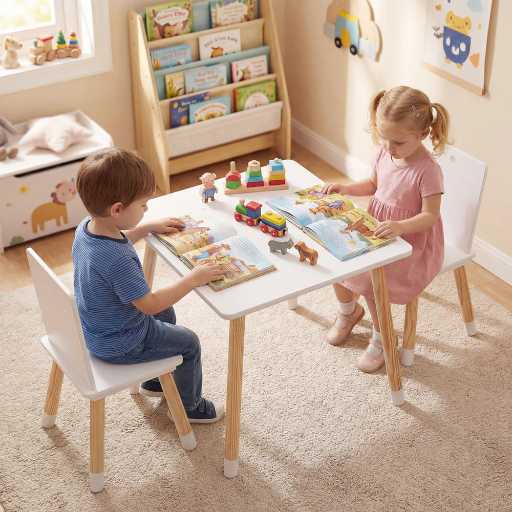 Kids wooden table and 2 chairs set in white, made of pine wood and MDF, ideal for reading, playing, and creating.