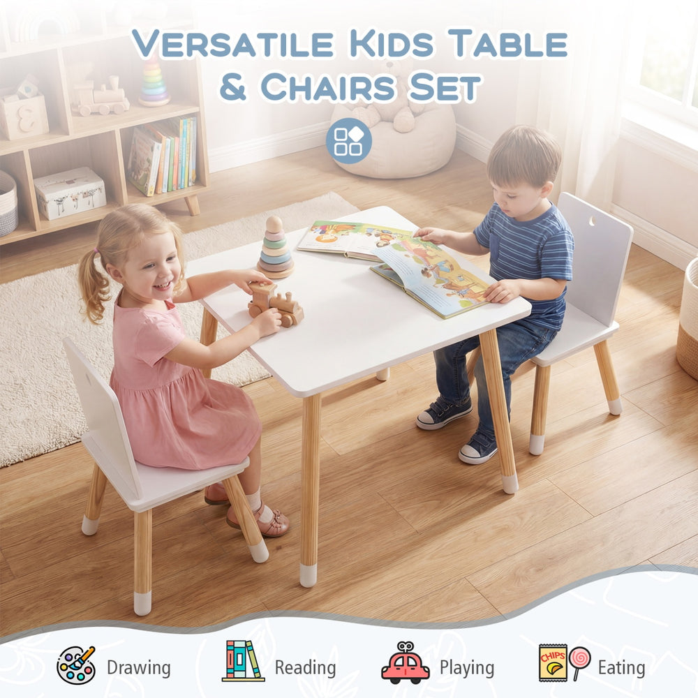 Kids wooden table and 2 chairs set in white, made of pine wood and MDF, perfect for reading, playing, and eating.