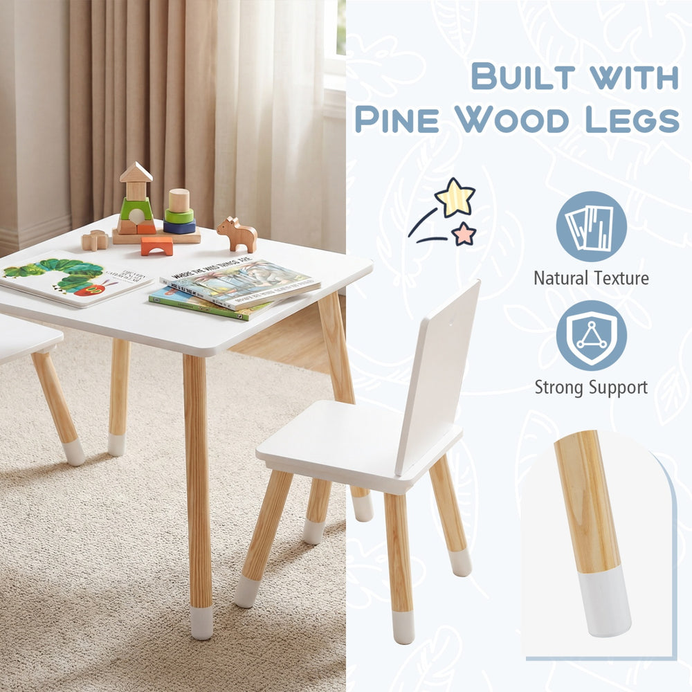 Kids wooden table and 2 chairs set with natural pine wood legs, perfect for play and learning in children's rooms.