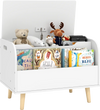 Kids wooden toy box with front bookshelf, featuring 4 solid wood legs, ideal for storing toys and books in a playroom.