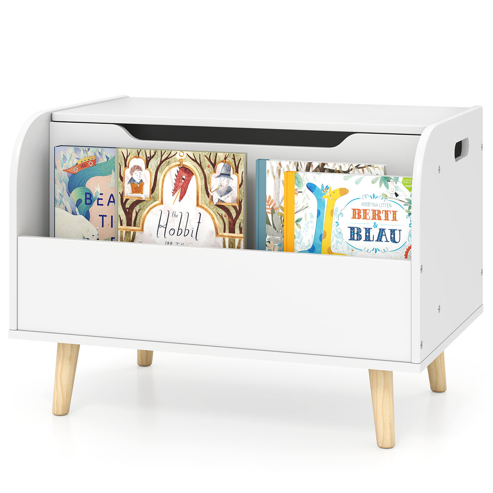Kids wooden toy box with front bookshelf, white finish, and 4 solid wood legs for playroom storage and organization.
