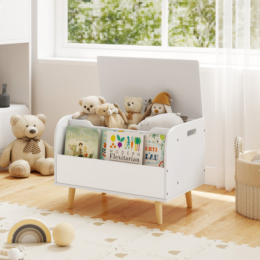 Kids wooden toy box with front bookshelf, showcasing a safety hinge and rounded corners for secure and safe storage in.