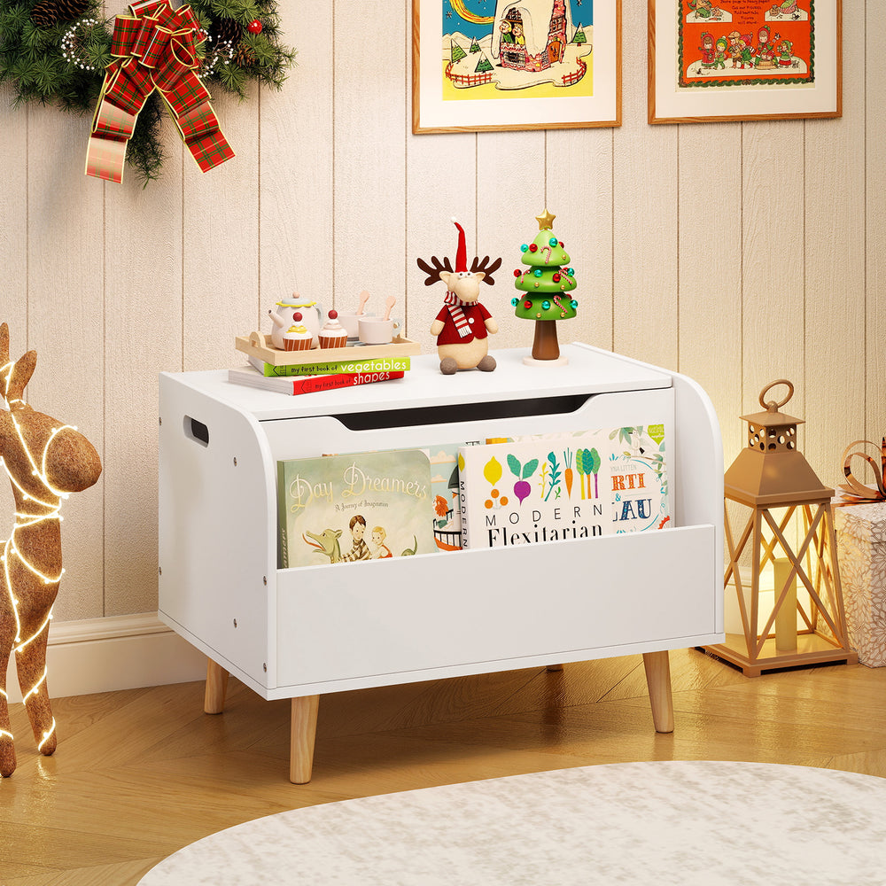 Kids wooden toy box with front bookshelf, featuring a clean white design and easy-to-clean surface for playroom.