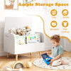 Kids wooden toy box with front bookshelf, ample storage for toys and books, featuring 4 solid wood legs in white.