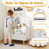Kids wooden toy box with front bookshelf, safety hinge, and cut-out handle for easy access and storage in playroom.