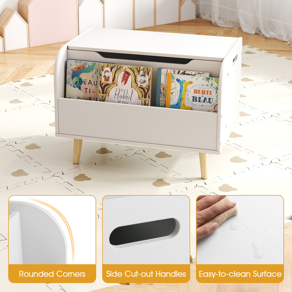 Kids wooden toy box with front bookshelf, rounded corners, and side cut-out handles for easy movement in playroom.