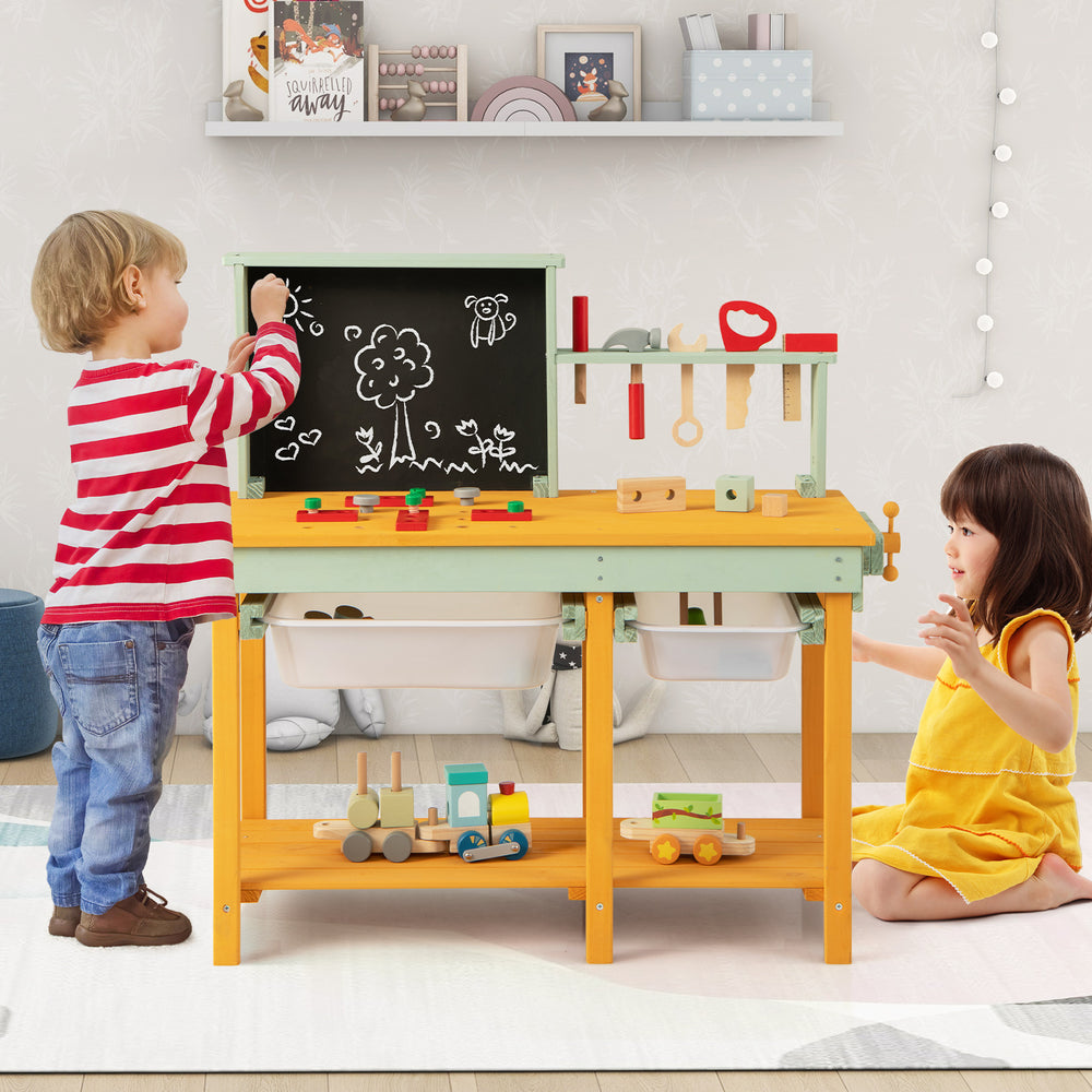 Kids wooden toy workbench with storage and blackboard, featuring natural fir wood, for imaginative play and creativity.