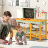 Kids wooden toy workbench with storage, featuring a blackboard, tools, and accessories for creative play.