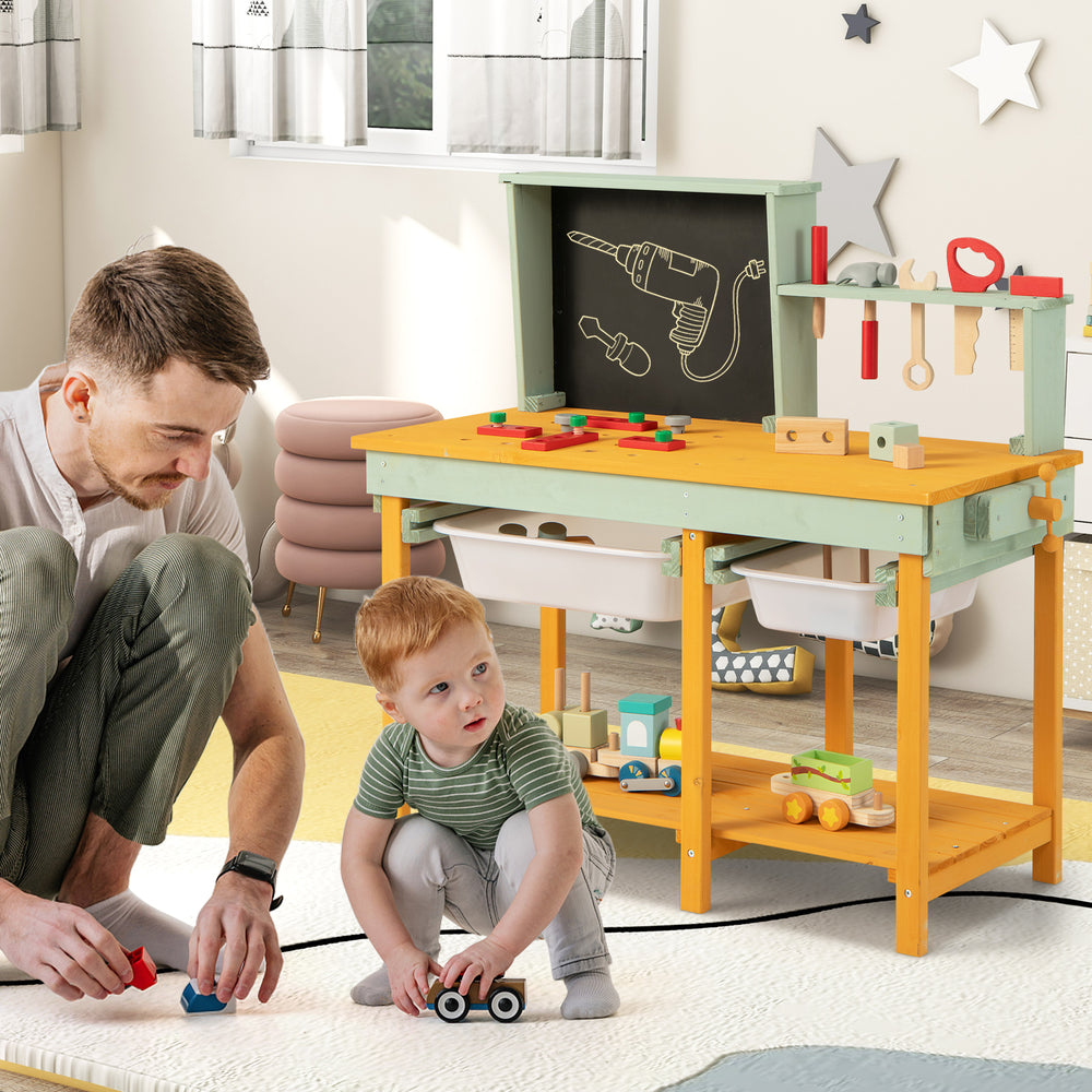 Kids wooden toy workbench with storage, featuring a blackboard, tools, and accessories for creative play.