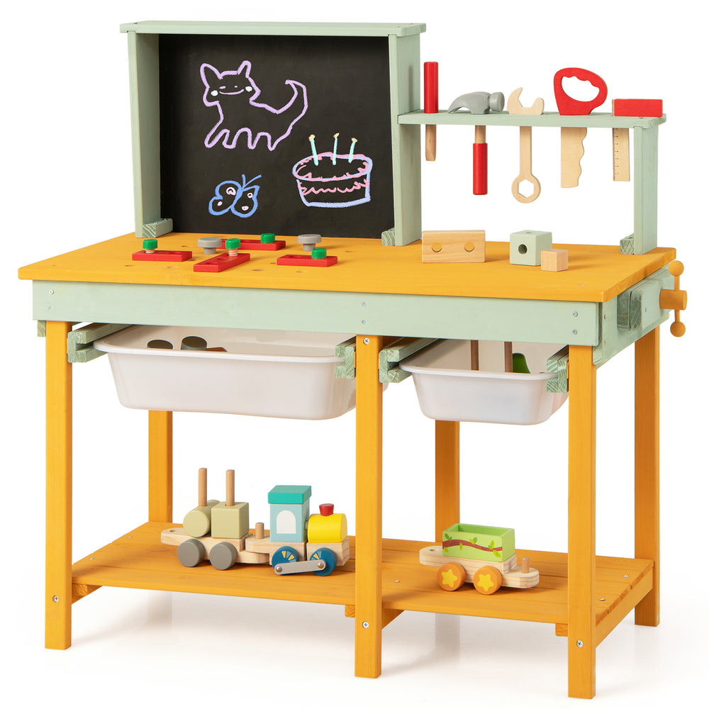 Kids wooden toy workbench with storage, blackboard, and accessories for imaginative play and creativity.
