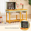 Kids wooden toy workbench with storage, blackboard, and colorful accessories for creative play and organization.