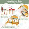 Kids wooden toy workbench featuring a tool holder, two plastic baskets, and a bottom open storage shelf for.