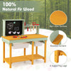Kids wooden toy workbench made of 100% natural fir wood with storage space and blackboard for imaginative play.
