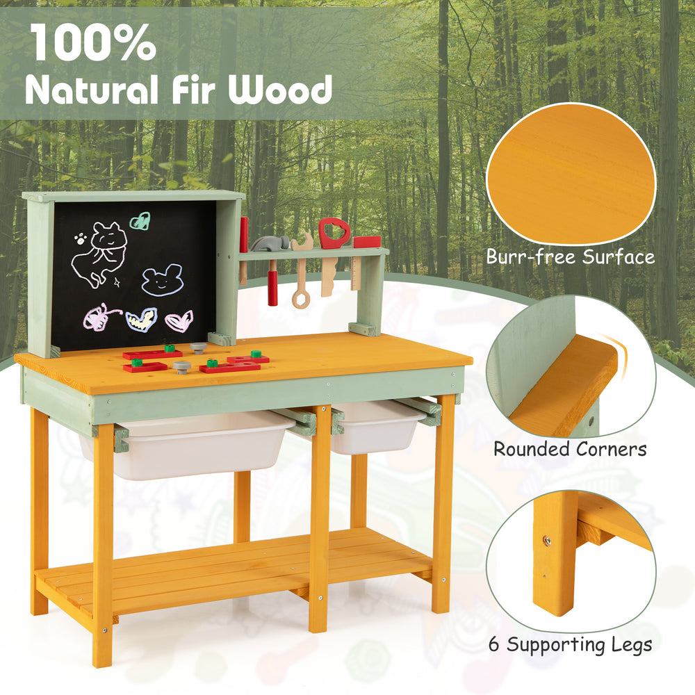 Kids wooden toy workbench made of 100% natural fir wood with storage space and blackboard for imaginative play.