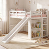 Kids wooden twin size loft bed frame in white with a slide and ladder, featuring rounded corners for safe playtime fun.