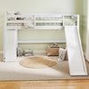 Kids wooden twin size loft bed frame in white with slide, ladder, and ample under-bed storage for play and reading.