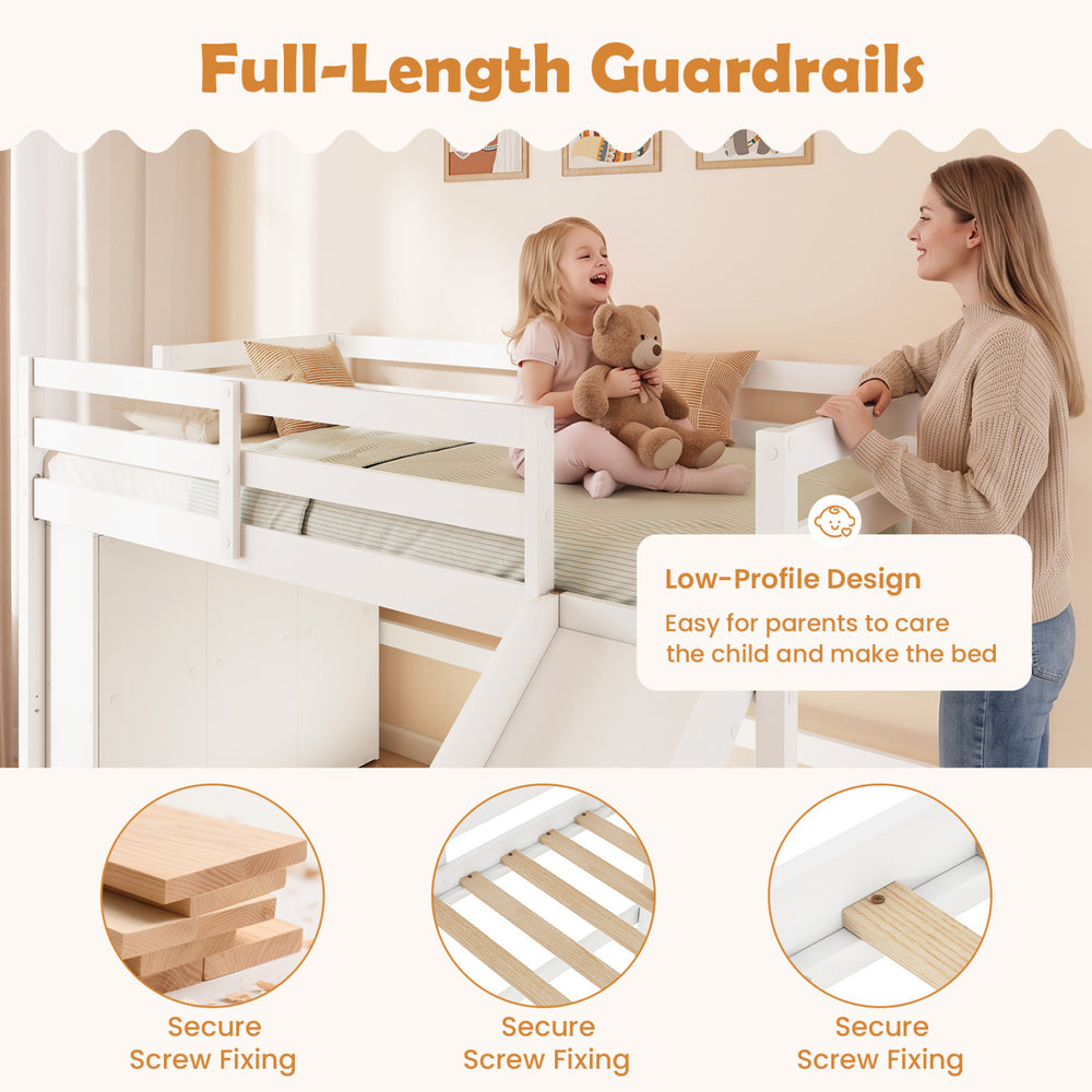 Kids wooden twin size loft bed frame with slide and ladder, featuring full-length guardrails for safety and ample under-bed space.