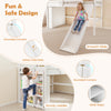 Kids wooden twin size loft bed frame in white with slide, sturdy ladder, and ample under-bed storage for play and organization.