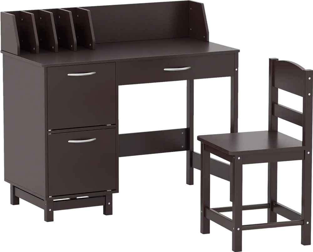 Wooden kids study desk and chair set in dark brown with drawer, two storage cabinets, and four book sorters for.