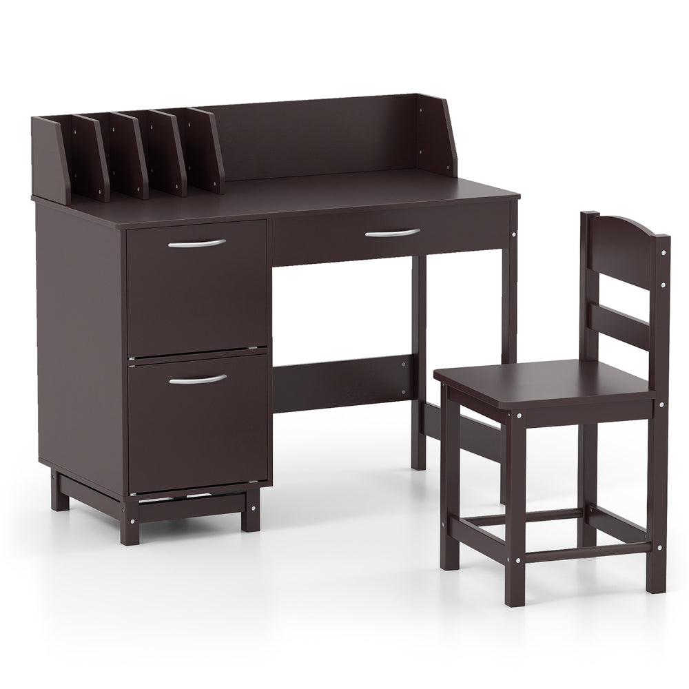 Wooden Kids Study Desk and Chair Set with Drawer and 2 Storage Cabinets-Dark Brown - Gallery View 1 of 1
