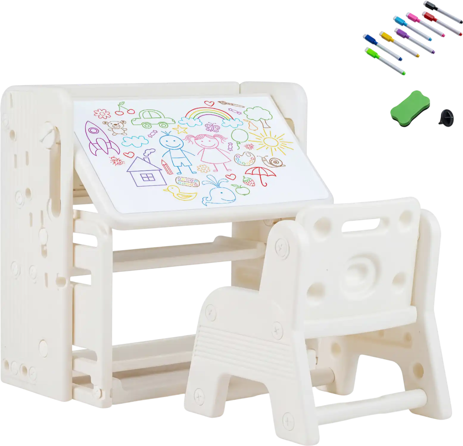 Costway Kids Writing Desk Chair Set Side Bookshelves 31405385 New