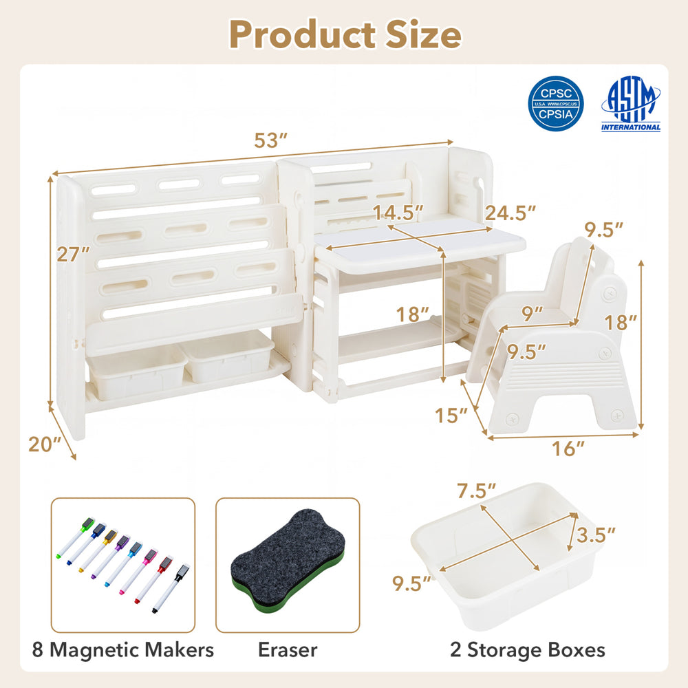 Kids desk and chair set includes two storage boxes and eight magnetic markers for creative and organized playtime activities.