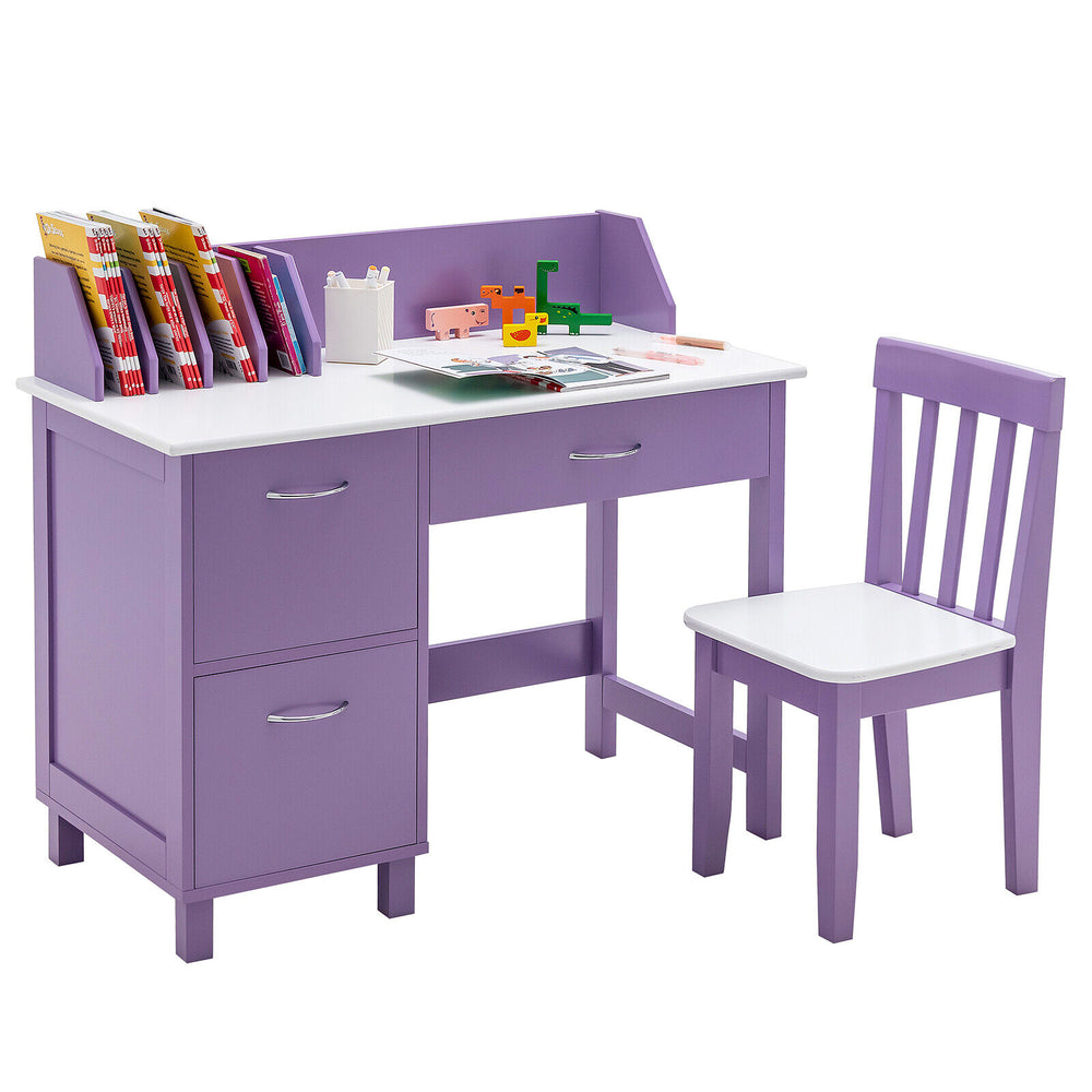 Kids Wooden Writing Furniture Set with Drawer and Storage Cabinet-Purple - Gallery View 1 of 10