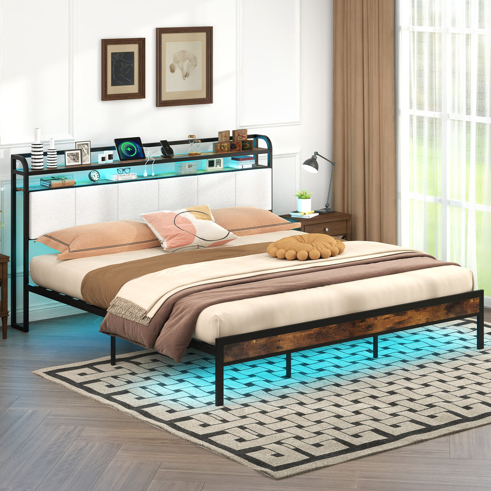 Twin/Full/Queen/King Size Bed Frame with LED Light and Charging Station-King Size - Gallery View 1 of 10