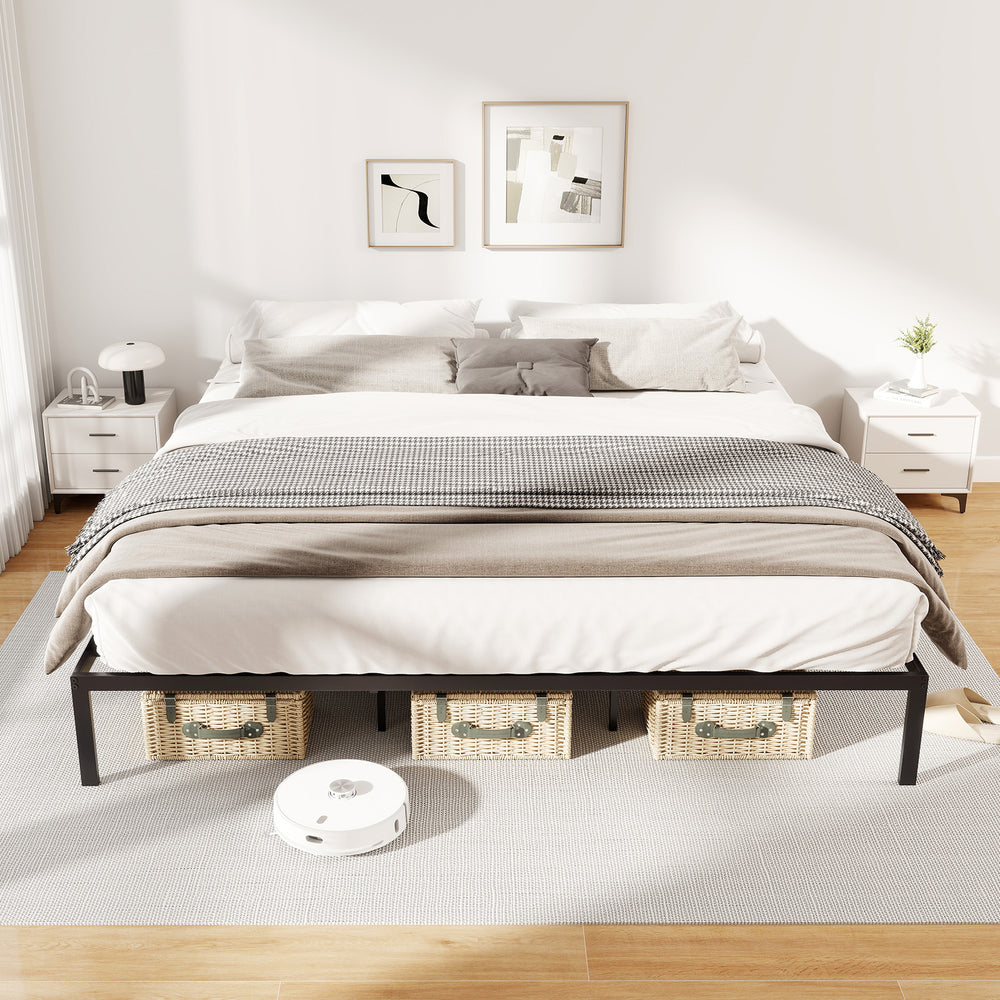 King size metal bed frame with heavy-duty support slats and under-bed storage, featuring a minimalist design.