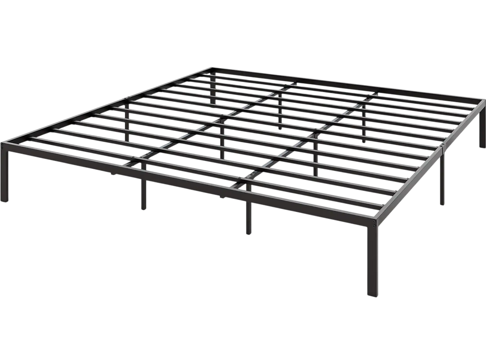 King size metal bed frame with heavy-duty support slats and minimalist design, ideal for stable mattress foundation.