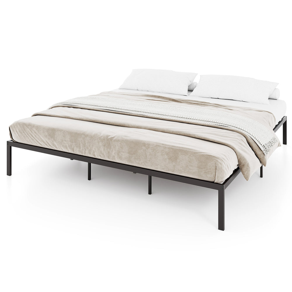 King size metal bed frame with heavy-duty support slats and minimalist design for stable mattress foundation.