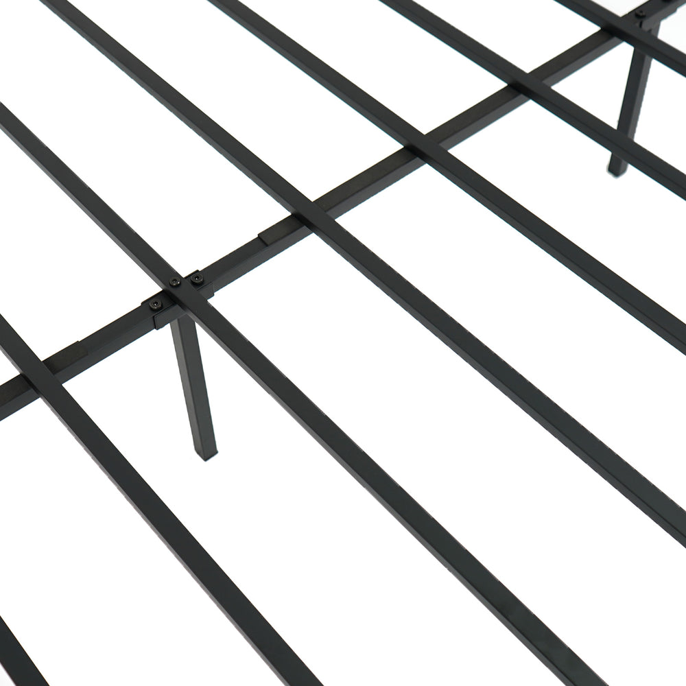 Close-up of heavy-duty metal bed frame slats with powder-coated finish for strong support and stability.