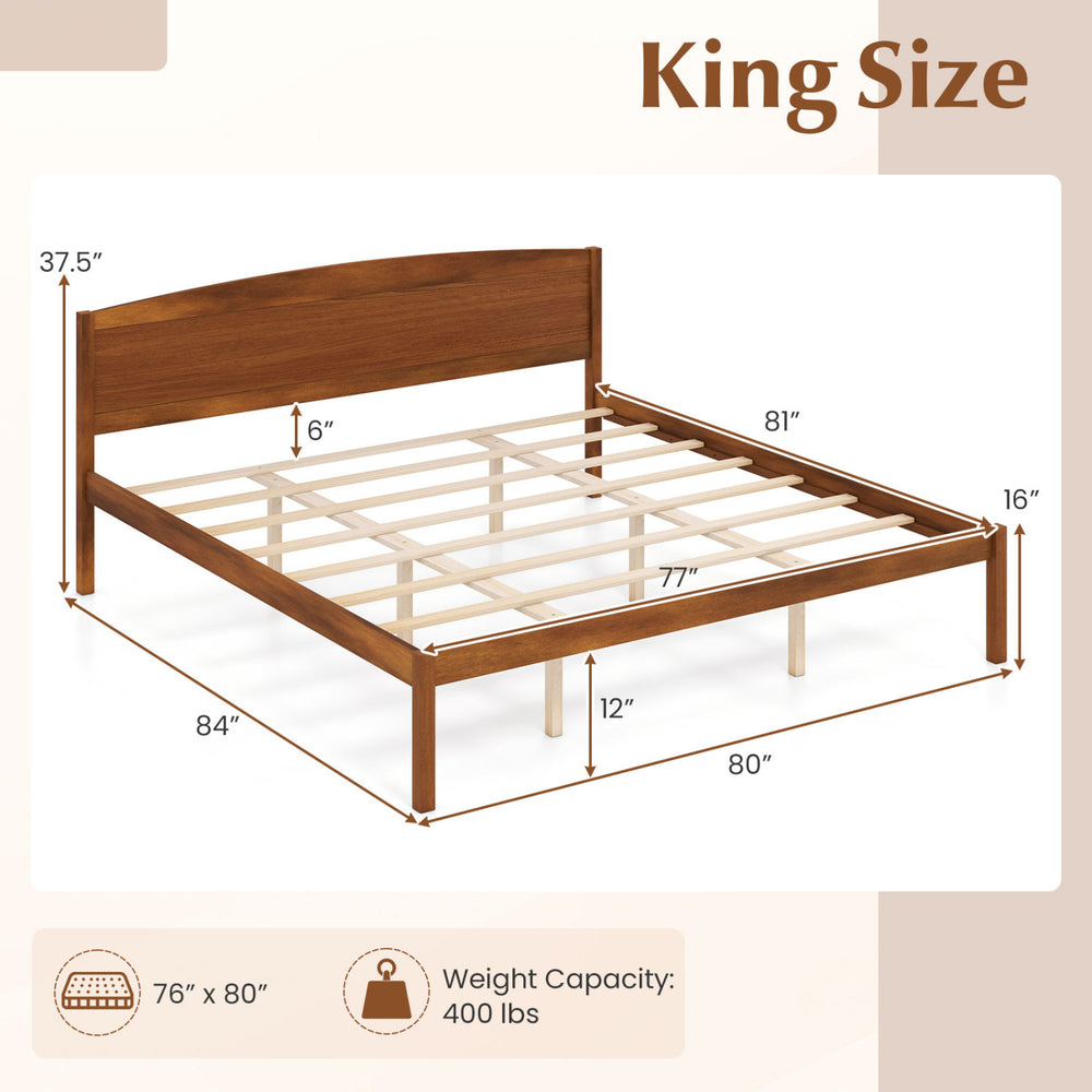 King size wooden platform bed frame with curved headboard in walnut, featuring 12" under-bed storage and sturdy plywood slats.
