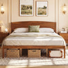 King size wooden platform bed frame with curved headboard in walnut finish, featuring under-bed storage for efficient organization.