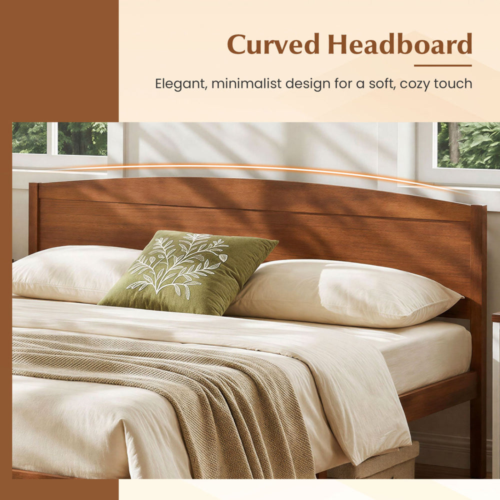 King size wooden platform bed frame with a curved headboard in walnut, featuring a minimalist design for cozy modern rooms.