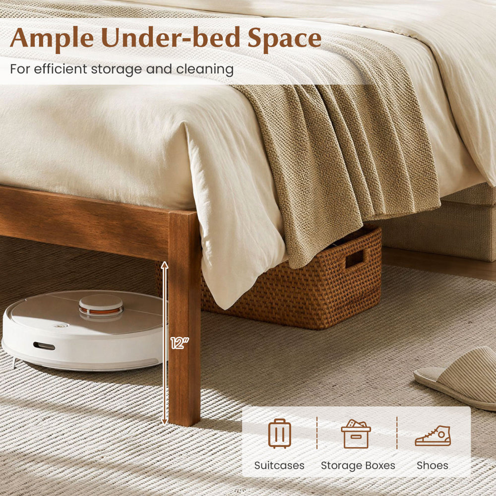 King size wooden platform bed frame in walnut with 12" under-bed space for efficient storage and easy cleaning.