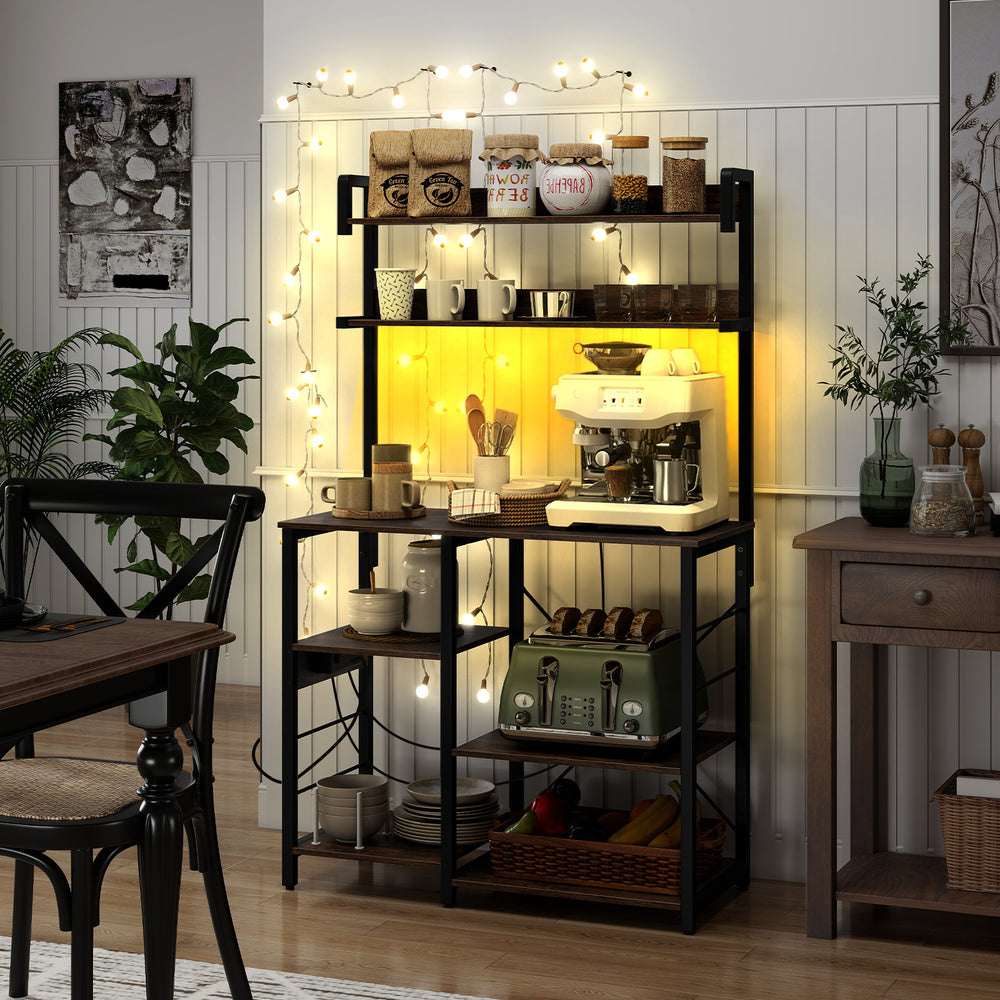 Kitchen Bakers Rack with Power Outlet 5-Tier Microwave Oven Stand with LED Lights-Rustic Brown - Gallery View 1 of 10